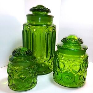 LE Smith Moon & Stars Green Glass Canister Set - Vintage 3 Piece